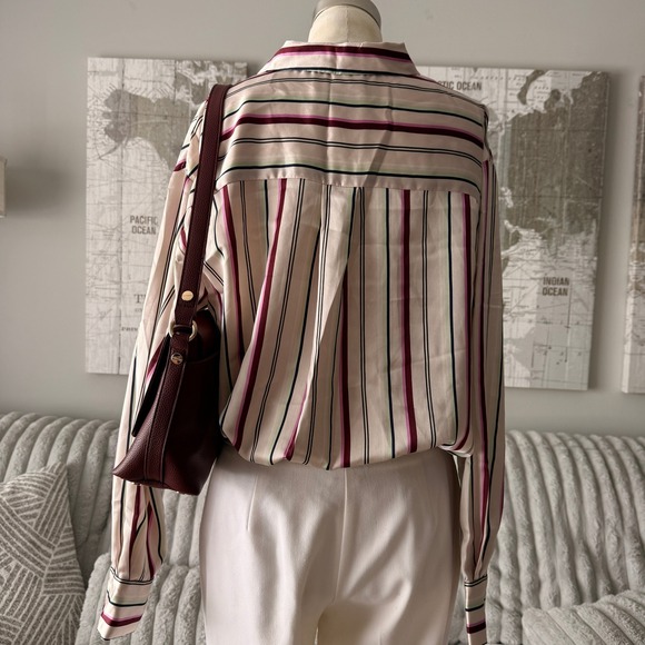 Highline Collective Womens Striped Button Down Satin Blouse Cream Burgundy S - Picture 4 of 6